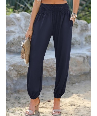 Womens Wide Leg High Waist Carrot Pants Casual Loose Slant Pocket Ruched Flowy Yoga Joggers Navy Blue $10.33 Activewear