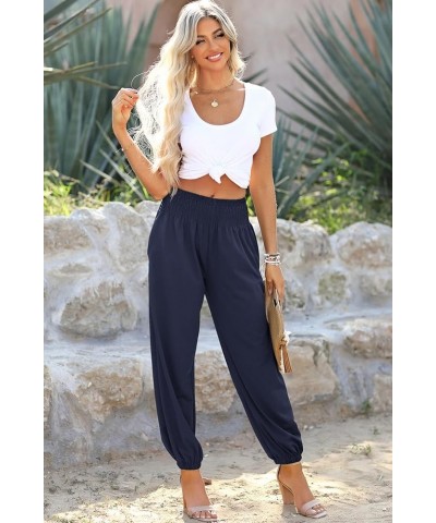 Womens Wide Leg High Waist Carrot Pants Casual Loose Slant Pocket Ruched Flowy Yoga Joggers Navy Blue $10.33 Activewear