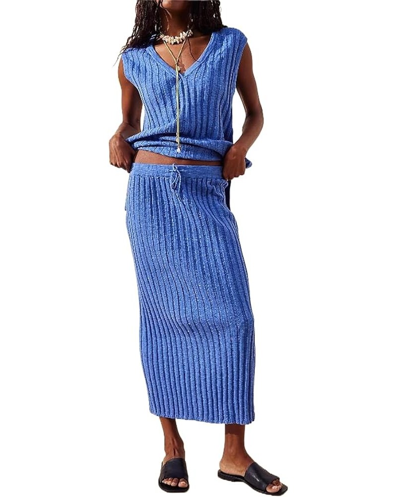 Women Knit Two Piece Maxi Skirt Set Knitted Sleeveless V Neck Tops Bodycon Long Skirt 2 Piece Dress Beach Outfits Blue $13.43...