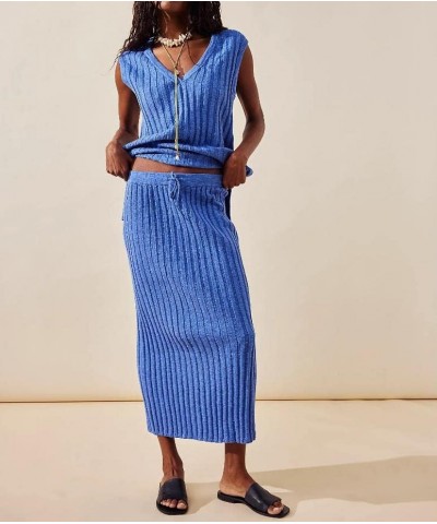 Women Knit Two Piece Maxi Skirt Set Knitted Sleeveless V Neck Tops Bodycon Long Skirt 2 Piece Dress Beach Outfits Blue $13.43...