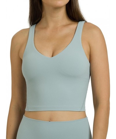 Women's Dreamlux Ribbed V-Neck Workout Tank Top with Built-in Shelf Bra Padded Cropped Yoga Shirts Faded Denim $18.87 Lingerie