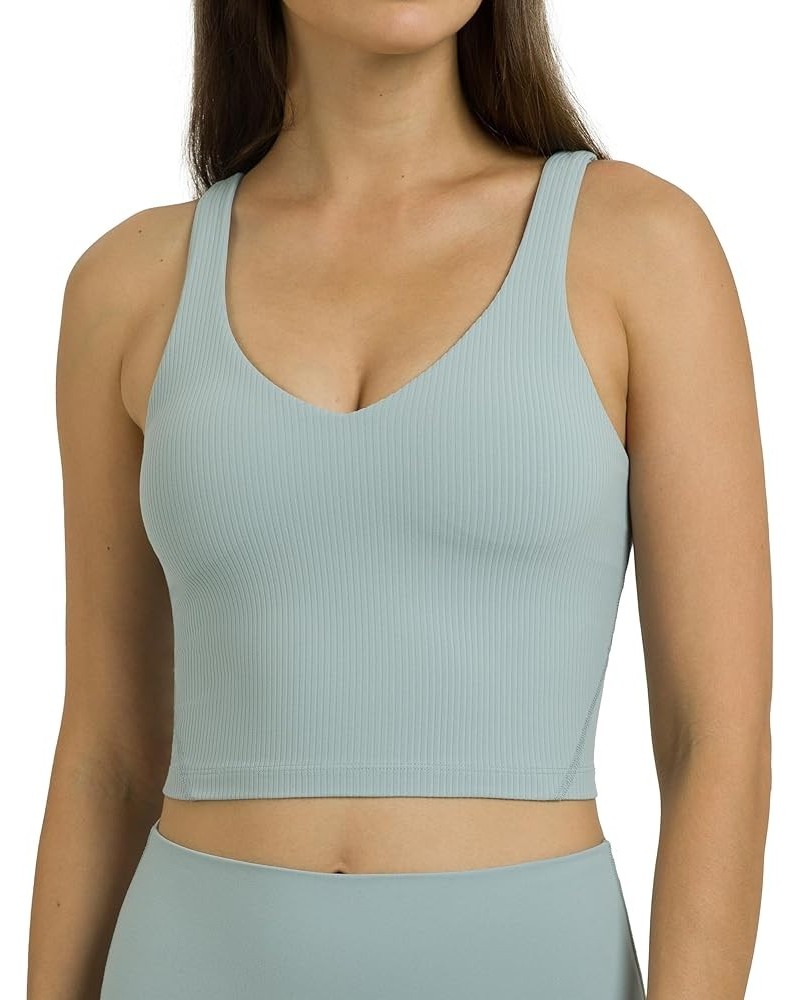 Women's Dreamlux Ribbed V-Neck Workout Tank Top with Built-in Shelf Bra Padded Cropped Yoga Shirts Faded Denim $18.87 Lingerie