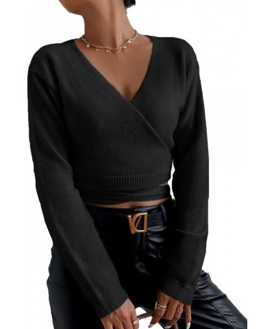 Women's Casual Deep V Neck Long Sleeve Cross Wrap Sweater Top Black $18.04 Sweaters