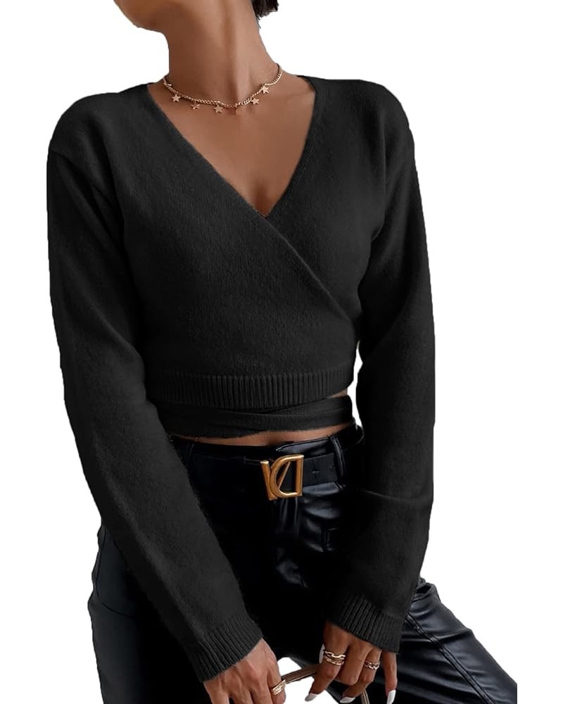 Women's Casual Deep V Neck Long Sleeve Cross Wrap Sweater Top Black $18.04 Sweaters