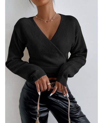 Women's Casual Deep V Neck Long Sleeve Cross Wrap Sweater Top Black $18.04 Sweaters