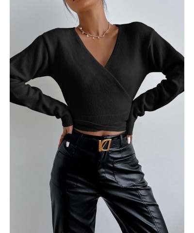 Women's Casual Deep V Neck Long Sleeve Cross Wrap Sweater Top Black $18.04 Sweaters