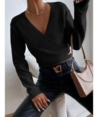 Women's Casual Deep V Neck Long Sleeve Cross Wrap Sweater Top Black $18.04 Sweaters