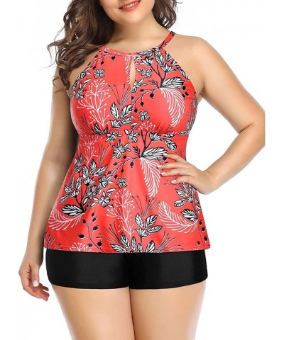 Women Two Piece Plus Size Tankini Swimsuit with Shorts Tummy Control Bathing Suit High Neck Swimwear Red Floral $20.09 Swimsuits