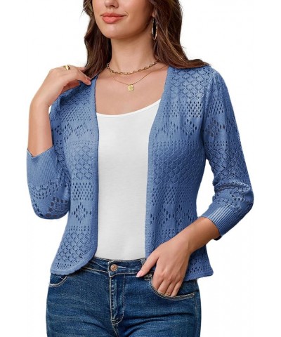 Women's Cardigans 3/4 Sleeve Open Front Cropped Cardigan Hollow Out Knit Shrugs for 2024 Summer Gray Blue $17.15 Sweaters