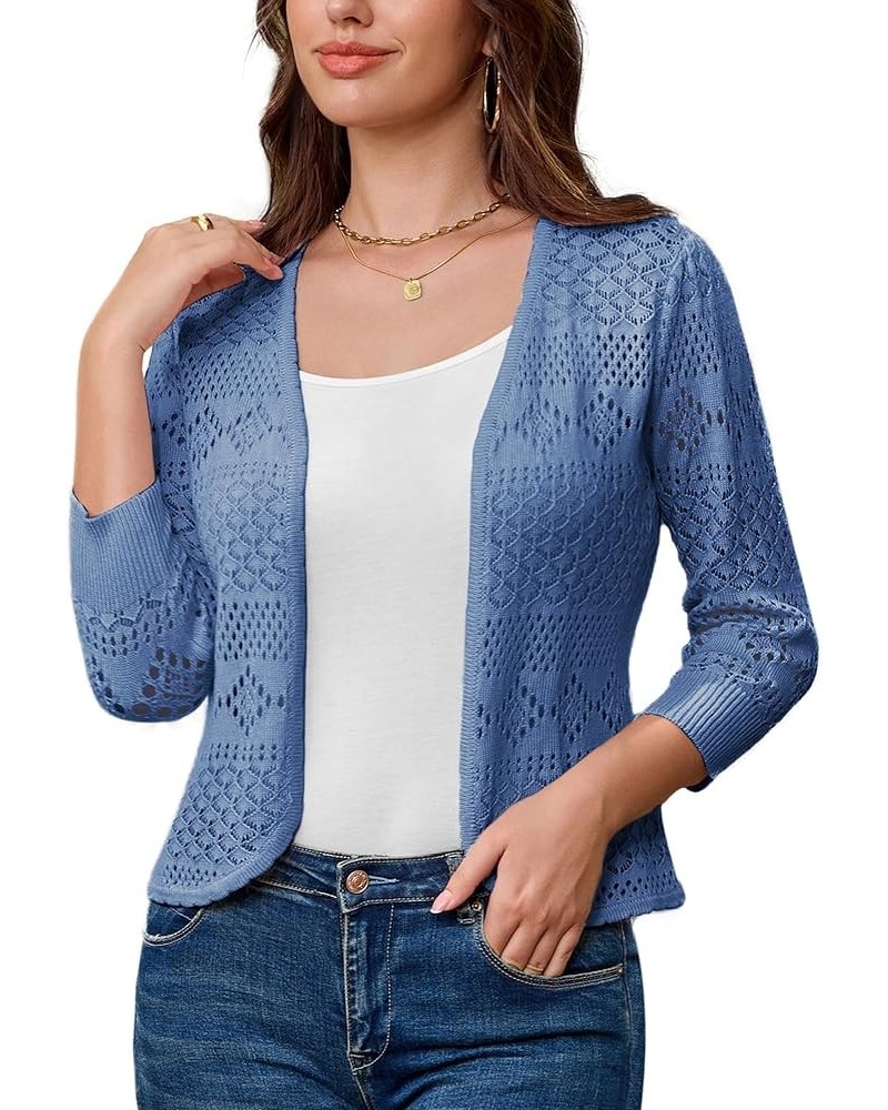 Women's Cardigans 3/4 Sleeve Open Front Cropped Cardigan Hollow Out Knit Shrugs for 2024 Summer Gray Blue $17.15 Sweaters