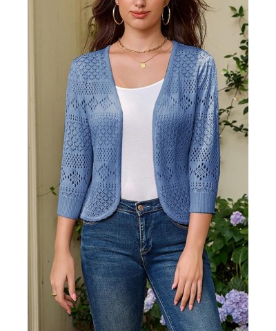 Women's Cardigans 3/4 Sleeve Open Front Cropped Cardigan Hollow Out Knit Shrugs for 2024 Summer Gray Blue $17.15 Sweaters