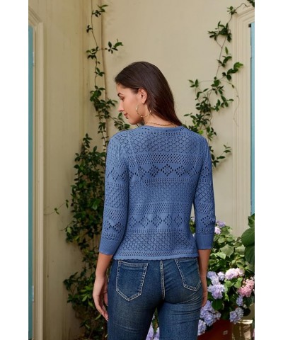 Women's Cardigans 3/4 Sleeve Open Front Cropped Cardigan Hollow Out Knit Shrugs for 2024 Summer Gray Blue $17.15 Sweaters