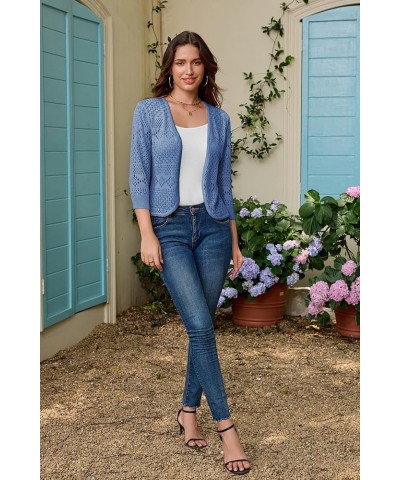 Women's Cardigans 3/4 Sleeve Open Front Cropped Cardigan Hollow Out Knit Shrugs for 2024 Summer Gray Blue $17.15 Sweaters