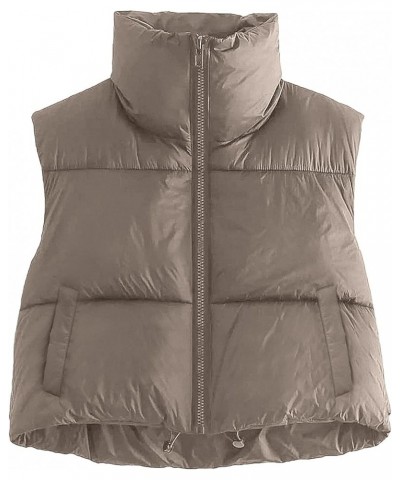 Womens Cropped Puffer Vest Winter Lightweight Sleeveless Warm Outerwear Vests Padded Gilet Coffeegrey $20.99 Vests