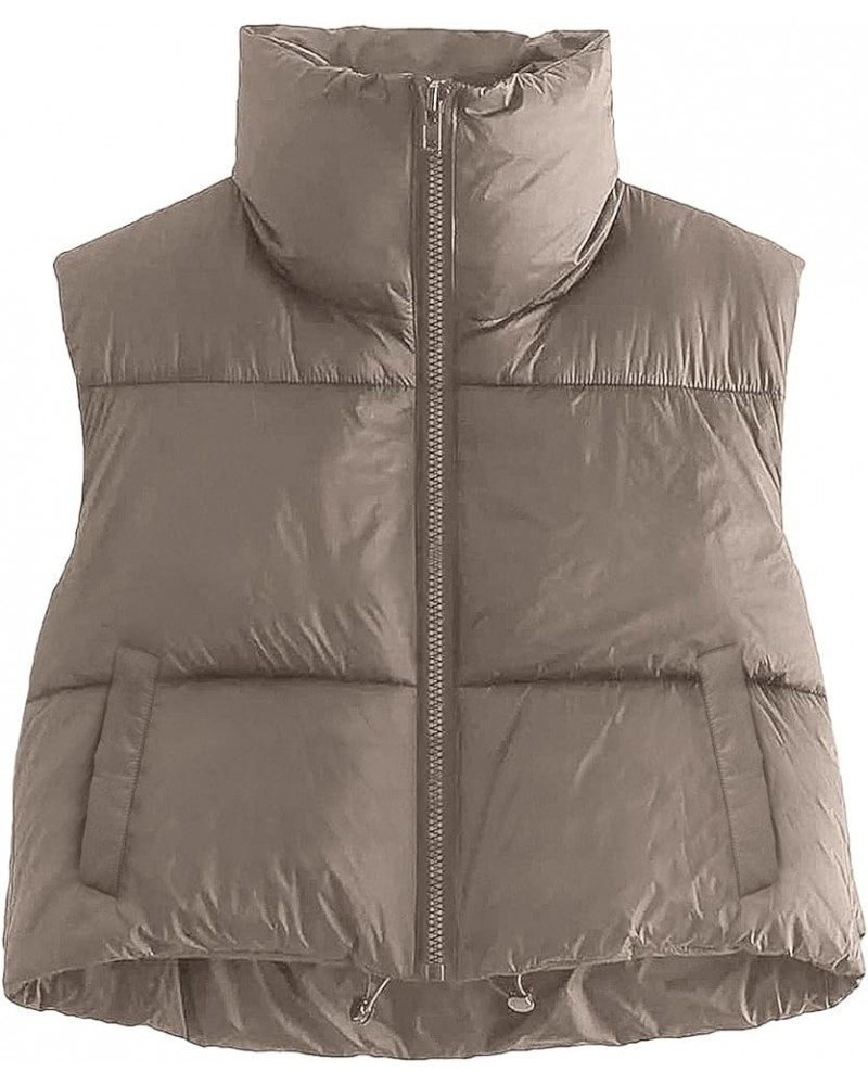 Womens Cropped Puffer Vest Winter Lightweight Sleeveless Warm Outerwear Vests Padded Gilet Coffeegrey $20.99 Vests