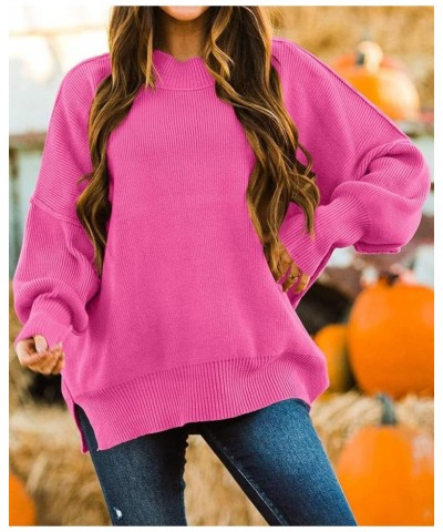 Women's 2024 Fall Casual Long Sleeve Crew Neck Side Slit Oversized Ribbed Knit Pullover Sweater Tops Rose $17.50 Sweaters