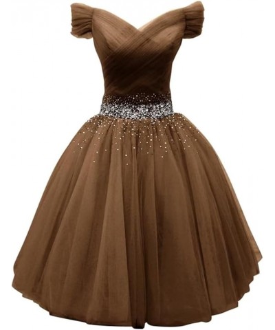 Women's Off Shoulder Beaded Short Prom Dress Tulle Teens Homecoming Dresses Bridesmaid Gown Brown $30.00 Dresses