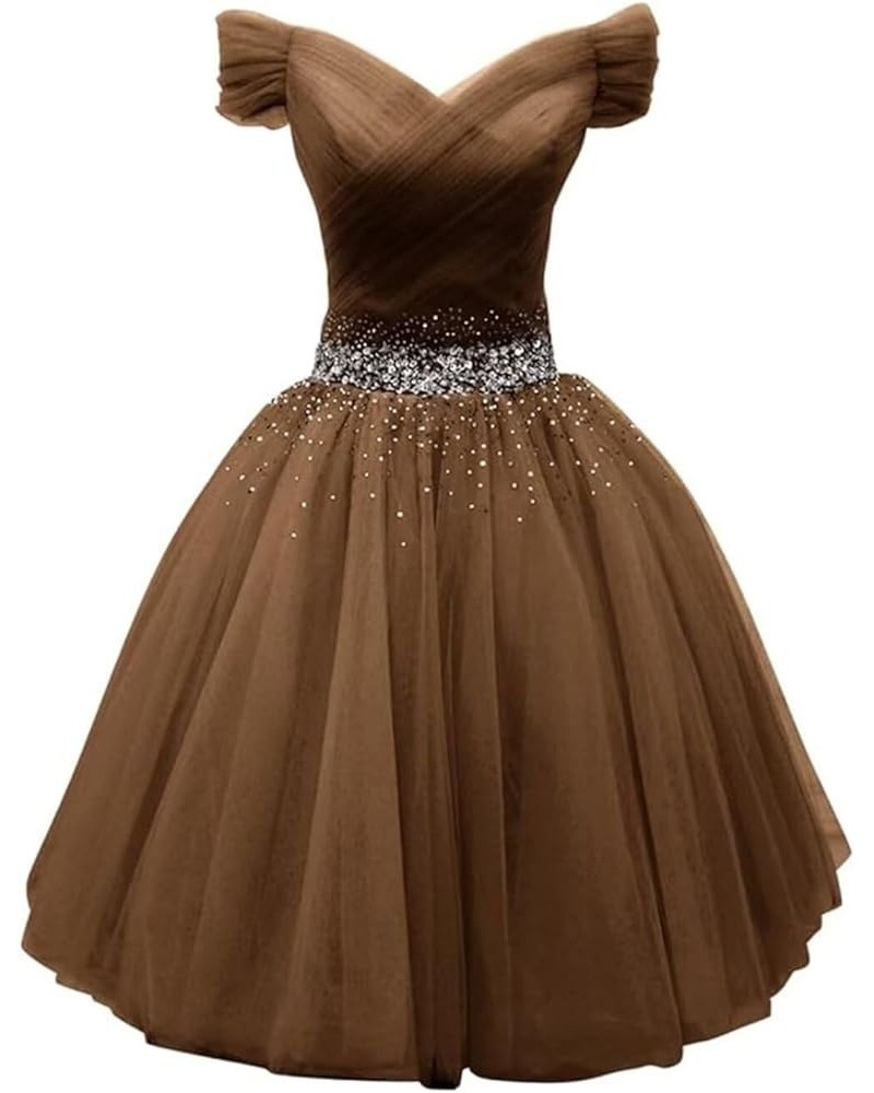 Women's Off Shoulder Beaded Short Prom Dress Tulle Teens Homecoming Dresses Bridesmaid Gown Brown $30.00 Dresses