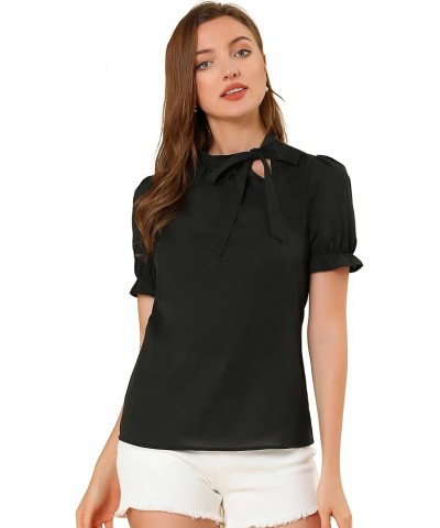 Women's Bow Tie Neck Tops Elegant Office Short Sleeve Blouse Black $15.67 Blouses