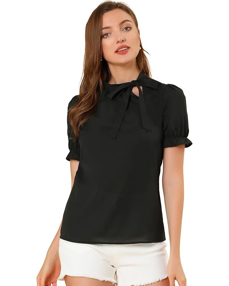 Women's Bow Tie Neck Tops Elegant Office Short Sleeve Blouse Black $15.67 Blouses