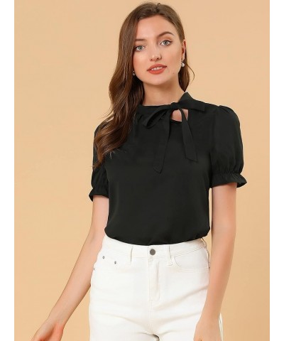 Women's Bow Tie Neck Tops Elegant Office Short Sleeve Blouse Black $15.67 Blouses