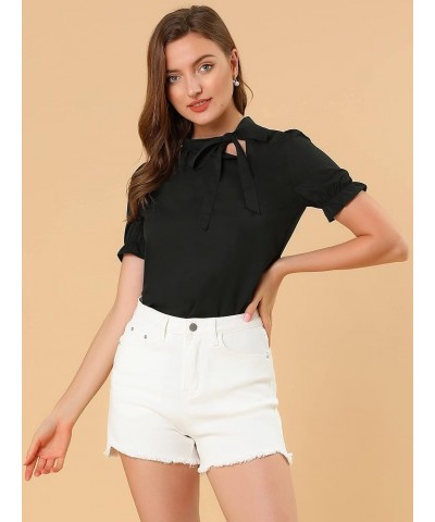 Women's Bow Tie Neck Tops Elegant Office Short Sleeve Blouse Black $15.67 Blouses