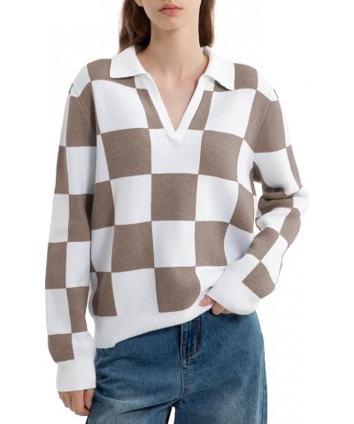 Womens V Neck Collared Long Sleeve Knitted Sweaters Comfy Loose Pullover Sweater Jumper Tops Coffee White Plaid $19.32 Sweaters