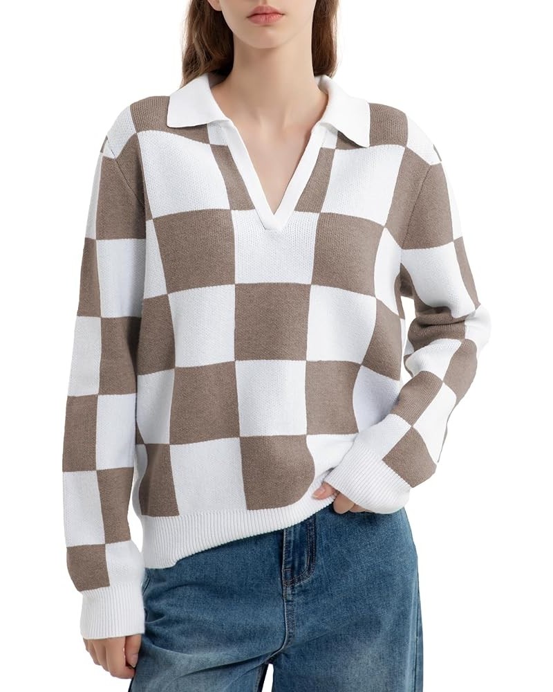 Womens V Neck Collared Long Sleeve Knitted Sweaters Comfy Loose Pullover Sweater Jumper Tops Coffee White Plaid $19.32 Sweaters