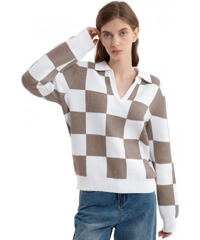 Womens V Neck Collared Long Sleeve Knitted Sweaters Comfy Loose Pullover Sweater Jumper Tops Coffee White Plaid $19.32 Sweaters