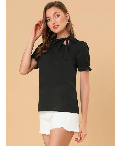 Women's Bow Tie Neck Tops Elegant Office Short Sleeve Blouse Black $15.67 Blouses