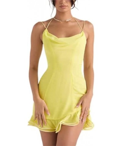 Women Going Out Mini Dress Sexy Spaghetti Strap Low Cut Bodycon Mini Dress Lace Dress Party Clubwear Yellow-02p $16.80 Dresses