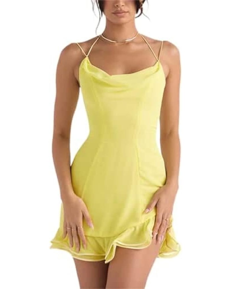 Women Going Out Mini Dress Sexy Spaghetti Strap Low Cut Bodycon Mini Dress Lace Dress Party Clubwear Yellow-02p $16.80 Dresses