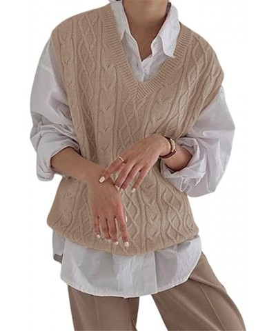 Women's V Neck Sweater Vest Oversized Sleeveless Loose Knit Tops Cable Sleeveless Sweater Khaki $13.43 Sweaters