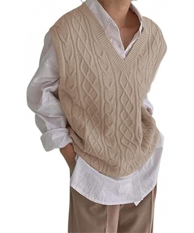 Women's V Neck Sweater Vest Oversized Sleeveless Loose Knit Tops Cable Sleeveless Sweater Khaki $13.43 Sweaters