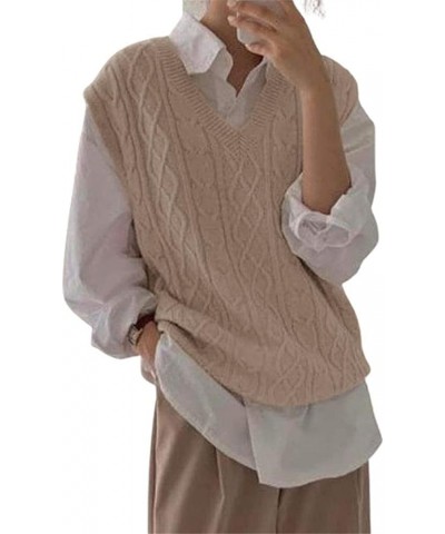 Women's V Neck Sweater Vest Oversized Sleeveless Loose Knit Tops Cable Sleeveless Sweater Khaki $13.43 Sweaters