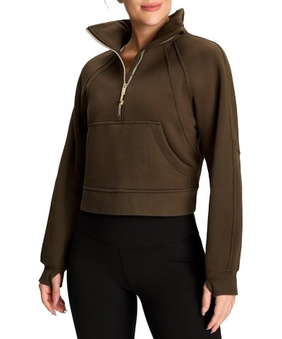 Womens' Half Zip Pullover Fleece Stand Collar Crop Sweatshirt with Pockets Thumb Hole Brown $21.99 Hoodies & Sweatshirts