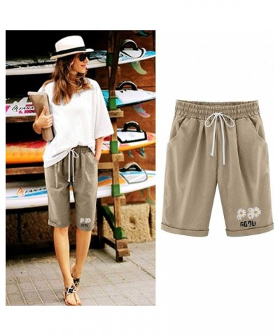 Bermuda Shorts for Women Summer Casual Graphic Print Drawstring Shorts Elastic Waisted Cotton Linen Lounge Shorts Khaki 4 $8....