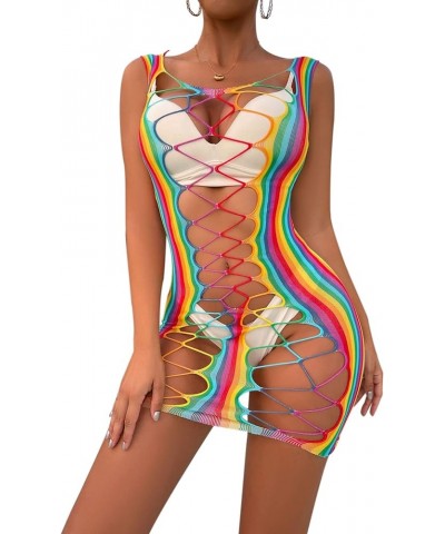 Women’s Sexy Rainbow Striped Mesh See Through Bodysuit Swimwear Bikini Cover Ups Swimsuit Rave Festivals Outfits Hollow Out-r...