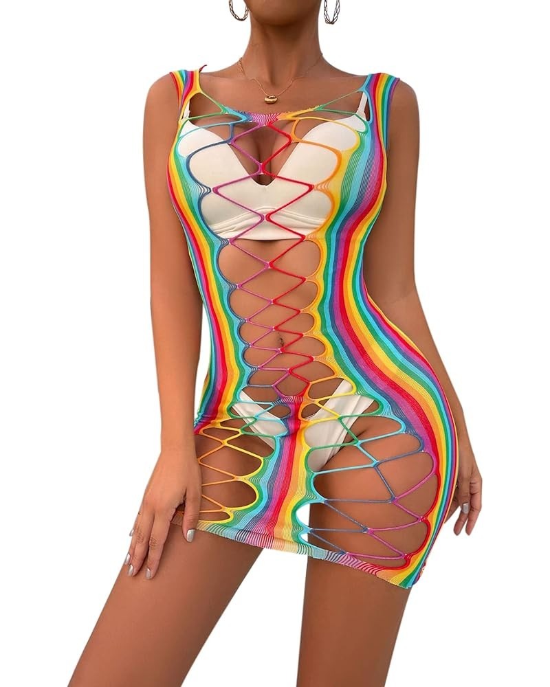 Women’s Sexy Rainbow Striped Mesh See Through Bodysuit Swimwear Bikini Cover Ups Swimsuit Rave Festivals Outfits Hollow Out-r...