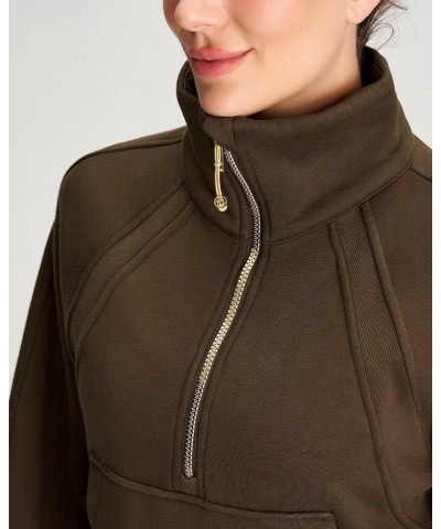 Womens' Half Zip Pullover Fleece Stand Collar Crop Sweatshirt with Pockets Thumb Hole Brown $21.99 Hoodies & Sweatshirts