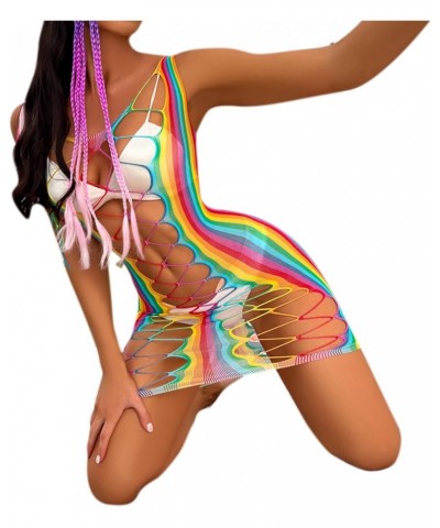 Women’s Sexy Rainbow Striped Mesh See Through Bodysuit Swimwear Bikini Cover Ups Swimsuit Rave Festivals Outfits Hollow Out-r...