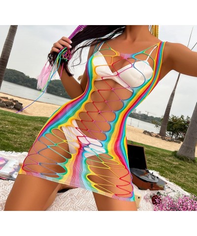 Women’s Sexy Rainbow Striped Mesh See Through Bodysuit Swimwear Bikini Cover Ups Swimsuit Rave Festivals Outfits Hollow Out-r...