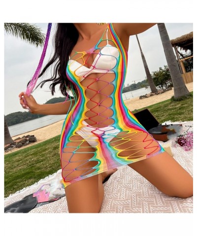 Women’s Sexy Rainbow Striped Mesh See Through Bodysuit Swimwear Bikini Cover Ups Swimsuit Rave Festivals Outfits Hollow Out-r...