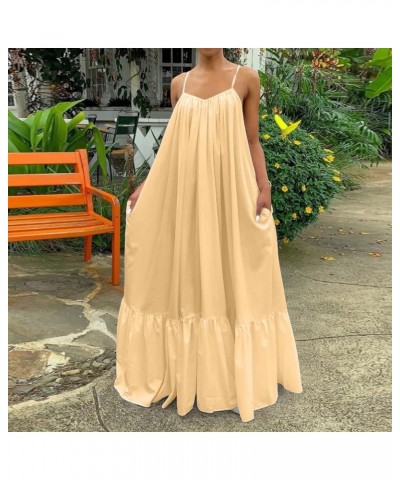 Dresses for Women Loose Bohemian Long Maxi Dress Solid Spaghetti Strap Backless Ruffle Hem Beach Swing Dress with Pocket S1-b...