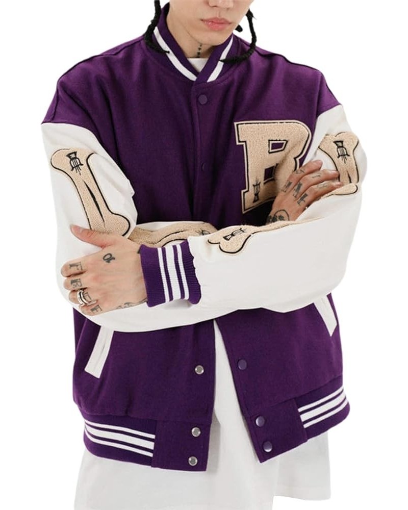 Women 's Y2K Long Sleeve Oversized Varsity Jacket Button Down Bomber Cropped Jackets Vintage Baseball Coat Streetwear Purple ...