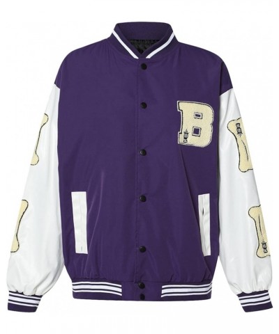 Women 's Y2K Long Sleeve Oversized Varsity Jacket Button Down Bomber Cropped Jackets Vintage Baseball Coat Streetwear Purple ...