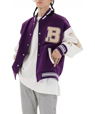 Women 's Y2K Long Sleeve Oversized Varsity Jacket Button Down Bomber Cropped Jackets Vintage Baseball Coat Streetwear Purple ...