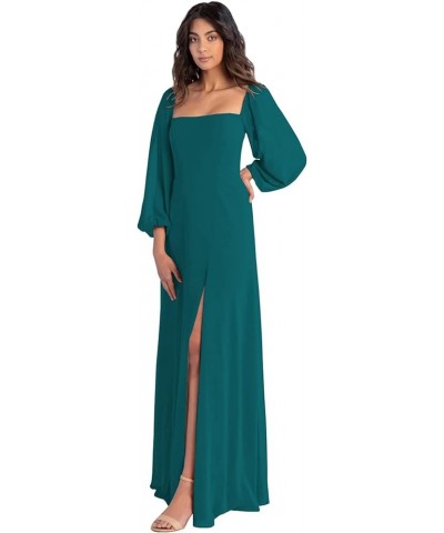 Women's Puffy Long Sleeve Bridesmaid Dresses with Slit A Line Square Neck Formal Prom Evening Gown Teal $49.94 Dresses