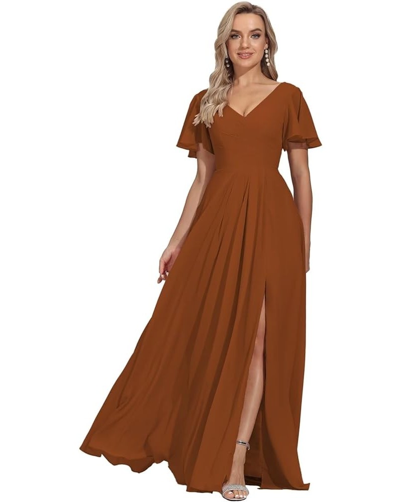 V Neck Bridesmaid Dresses Long with Slit Flutter Sleeves Wedding Guest Dress Formal Evening Dresses with Pockets Burnt Orange...