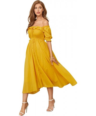 Women Vintage Elastic Square Neck Ruffled Half Sleeve Summer Backless Beach Flowy Maxi Dresses Golden $19.32 Dresses